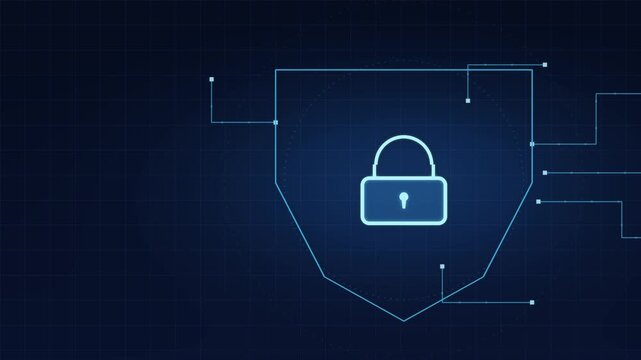 Digital padlock glowing centered circuit lines shield outline pulsing blue cyan cybersecurity tech background generative AI