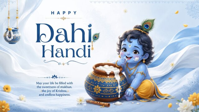 Dahi handi festive artwork featuring baby krishna beside decorated butter pot, peacock feather accent, flowing fabric, floral details and holy janmashtami celebration scene for traditional hindu card.