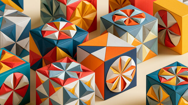 Colorful Geometric Cubes and Abstract Polygon Shapes Seamless Pattern Background