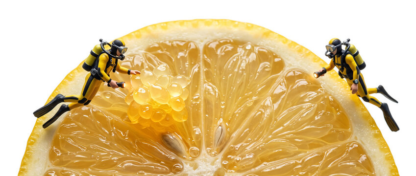 Miniature scuba divers exploring lemon slice macro with flashlights, discovering juicy citrus pulp and caviar vesicles, creative food exploration surreal concept isolated on black studio background.