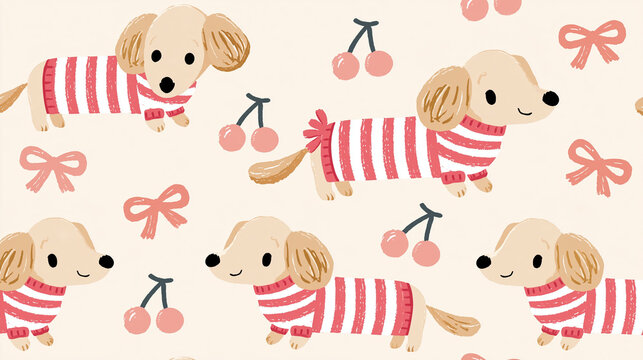 Cute Dachshund Dogs with Cherries and Bows Seamless Pattern Illustration