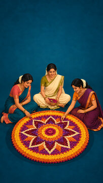 Three smiling women making floral rangoli design on blue floor for the gorgeous happy onam a popular south indian festival in kerala