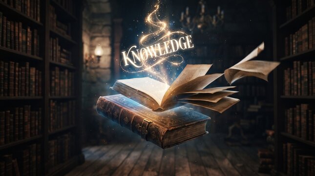 Open book with glowing pages transforming into flying magical paper sheets in dark library