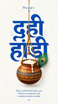 Krishna janmashtami festive poster featuring dahi handi pot, peacock feather, flute accent, bold hindi typography, devotional blessing and elegant traditional hindu celebration artwork for holy event.