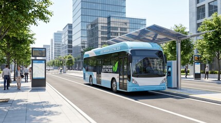Naklejka na ściany i meble Zero emission electric city bus travels along a modern urban street, sustainable public transport, clean mobility, electric vehicle, green city infrastructure.