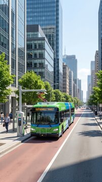 Zero emission electric city bus travels along a modern urban street, sustainable public transport, clean mobility, electric vehicle, green city infrastructure.
