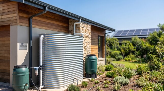 Large rainwater harvesting tank installed beside a modern sustainable house, water conservation, eco friendly home, resource management, green living.