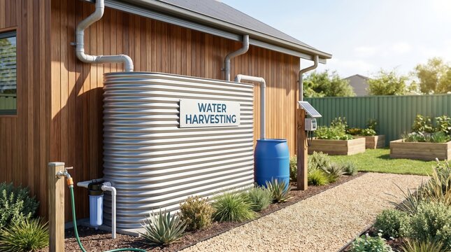 Large rainwater harvesting tank installed beside a modern sustainable house, water conservation, eco friendly home, resource management, green living.