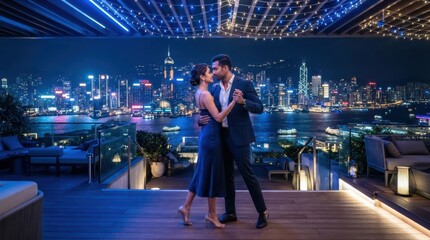 Fototapeta premium Couple dancing on a rooftop terrace with a stunning city skyline at night