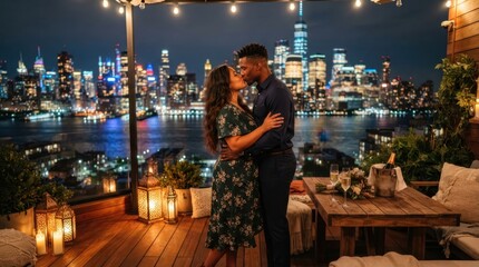 Fototapeta premium Romantic couple kissing on a rooftop balcony with New York City skyline at night