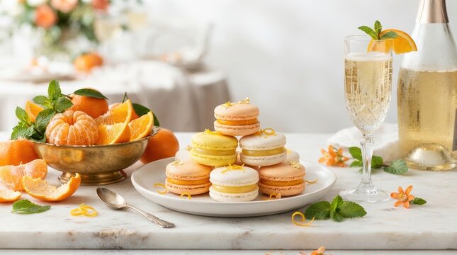 Elegant citrus macarons and champagne celebration with fresh fruit and mint garnish