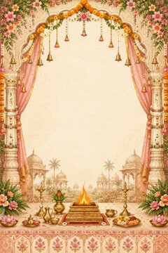 Traditional Hindu wedding ceremony invitation backdrop featuring floral mandap, sacred fire altar, temple pillars, hanging bells and elegant festive decor for auspicious marriage celebration card art.