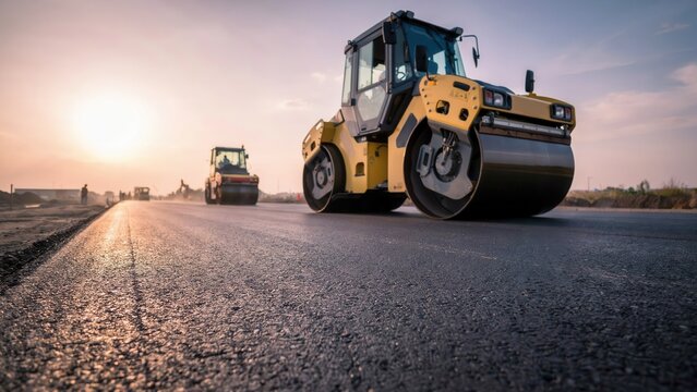 Yellow road roller compacting fresh asphalt on a new highway during sunset. Perfect for construction and civil engineering infrastructure projects.