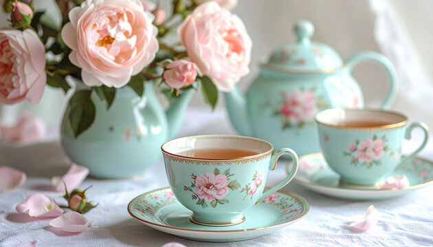 Elegant tea set with roses and tea cups