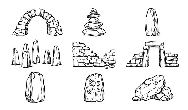 Collection of ancient stone monument line illustrations featuring arches, standing stones, rock formations, stone walls and archaeological structures