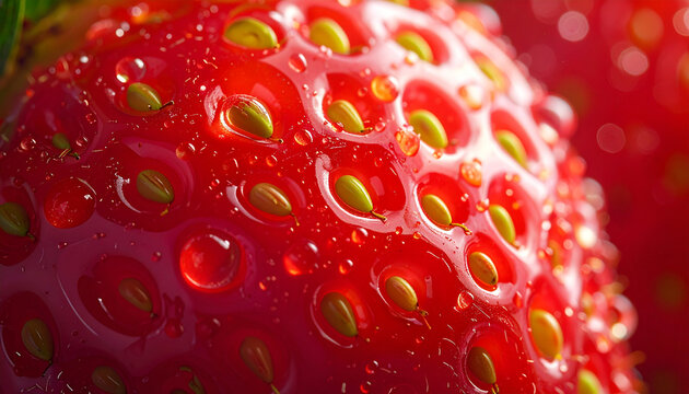 Extreme close-up of a ripe strawberry with water droplets