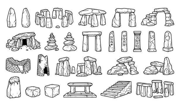 Ancient monument and stone formation outline collection featuring arches, pillars, standing stones, ruins, rocks and archaeological structures
