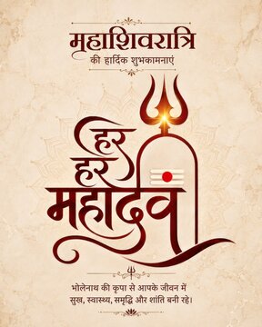 Maha shivratri devotional artwork featuring sacred trident, symbolic lingam, elegant hindi calligraphy, vintage parchment texture, spiritual celebration design and traditional indian religious poster.