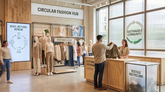 Circular fashion clothing exchange station displayed in a modern retail space, sustainable fashion, clothing reuse, circular economy, responsible consumption, ethical apparel.