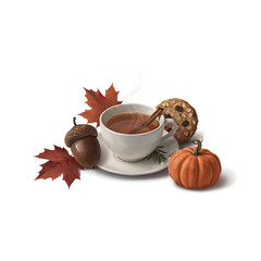 Steaming cup of spiced tea with cinnamon stick nestled among fall harvest elements including acorn pumpkin and maple leaves isolated on transparent background © BrainRoot