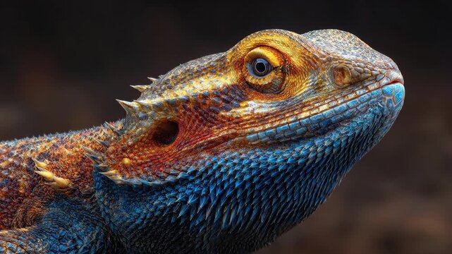 Close up portrait of a colorful bearded dragon lizard with detailed scales and bright eyes.