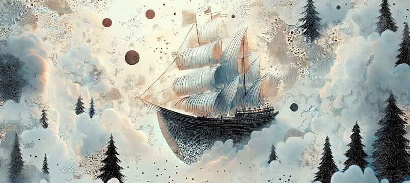 Surreal Floating Ship Above Snowy Mountains and Pine Forest, Dreamlike Winter Landscape with Magical Clouds, Fantasy Adventure and Mystical Atmosphere