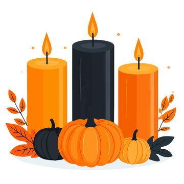Jesienna dekoracja ze świecami i dyniami &ndash; ilustracja Halloween