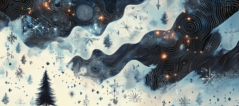Surreal Flowing Mountain Landscape with Dark Cosmic Clouds, Snow Covered Peaks, Glowing Stars and Dreamlike Fantasy Atmosphere