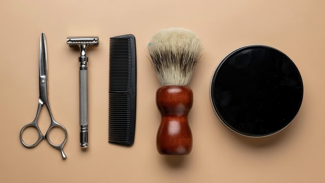 Barber shop tools including safety razor, brush, comb, and scissors arranged neatly. Ideal for men grooming, skin care, and professional barber services marketing.
