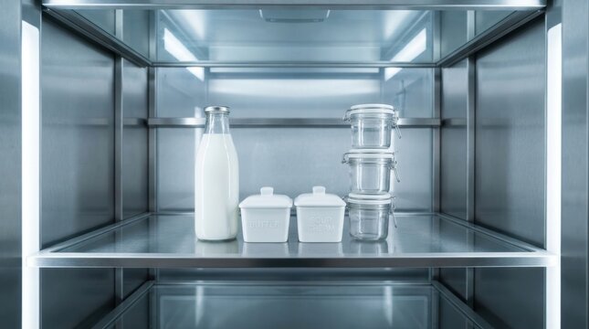 Minimalist stainless steel refrigerator interior with essential dairy products