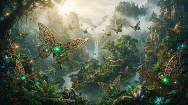 Enchanted steampunk butterflies flutter through a mystical jungle village at dawn