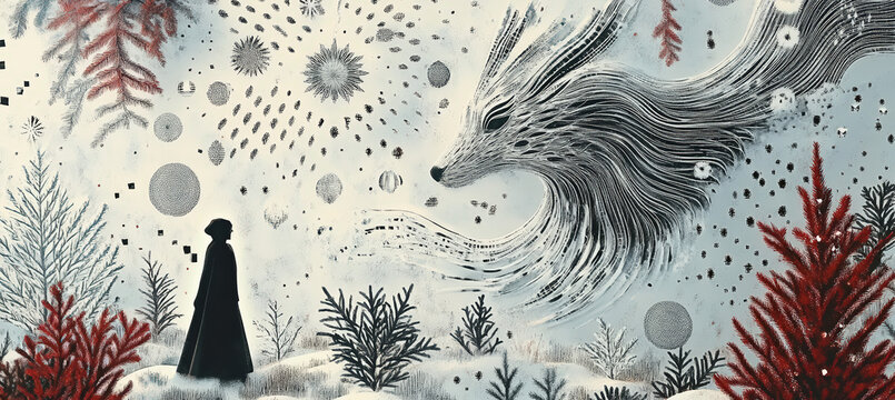 Mysterious Woman Standing in Snowy Landscape with Flowing Hair, Flying Bird, Red Plants and Surreal Winter Fantasy Elements