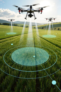 Agricultural drones autonomously spraying and monitoring crops across vast green fields with precision digital technology.