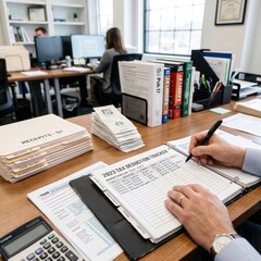 Fototapeta premium Organized tax records and financial documents stored in labeled folders beside a calculator, tax preparation, accounting records, financial organization, bookkeeping.