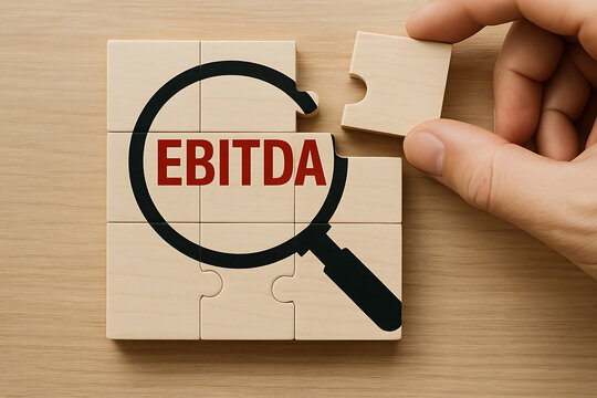 Jigsaw puzzle with a magnifying glass over the word EBITDA a financial concept