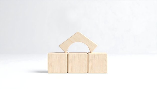 Three wooden blocks are placed on a flat surface. One block is shaped like a half-circle sitting on two square blocks