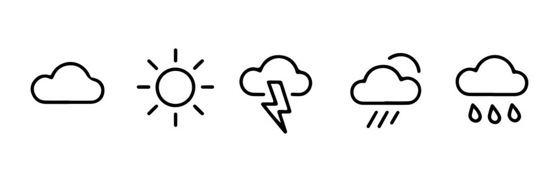 Outline weather icons including sun cloud rain and lightning.