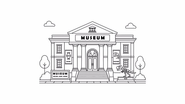 Museum building line art with classical columns dinosaur fossils and history exhibition drawing animation