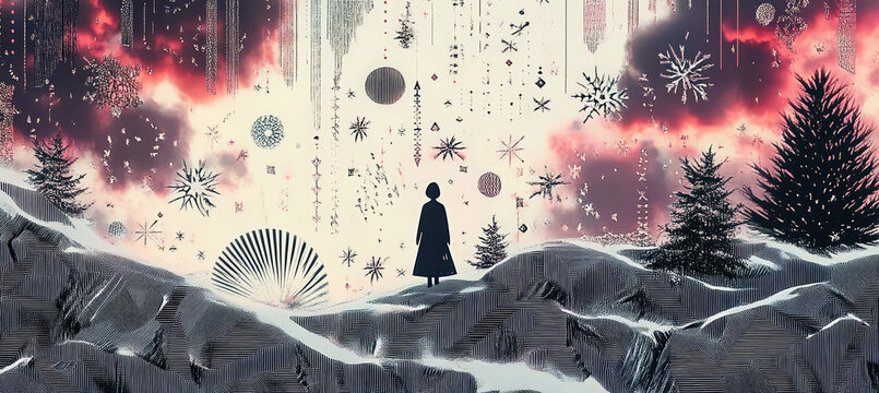 Dreamlike Winter Valley with Pink Sunset, Snowy Mountains, Pine Forest, Glowing Horizon and Solitary Figure in Fantasy Landscape