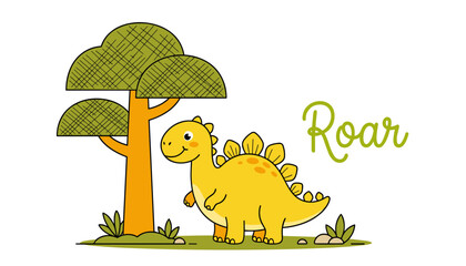 Cute yellow dinosaur stegosaurus with tree and roar text vector illustration isolated on white background for kids nursery print © Siraj