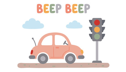 Naklejka premium Cute pink toy car with traffic light and clouds hand drawn vector illustration isolated on white background for nursery print poster