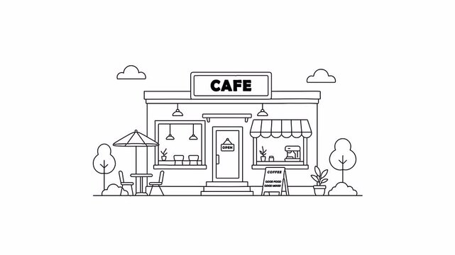 Animated cafe building line art with outdoor seating and coffee sign