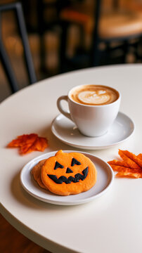 Halloween pumpkin cookie and latte art coffee served on a white caf&eacute; table with autumn maple leaves and softly illuminated seasonal d&eacute;cor