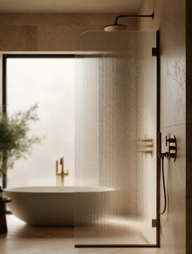 Modern spa bathroom features fluted glass shower screen and brass fixtures. Soft beige stone walls create a warm, serene atmosphere with natural light filtering in.