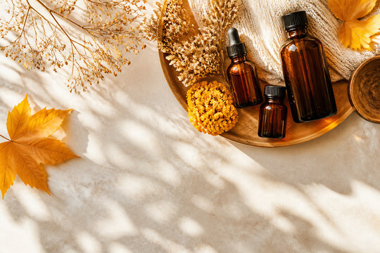 A flat lay composition featuring amber essential oil bottles, dried flowers and foliage, and a fallen autumn leaf on a light surface.