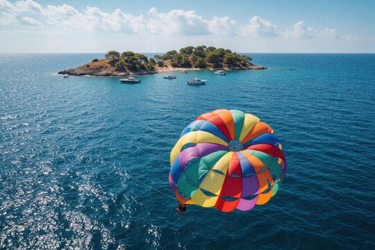 A parasailing adventure over a vast ocean with a vibrant parachute gliding above the water. The colorful canopy offers stunning views, capturing the thrill of ocean adventures and sea excitement.