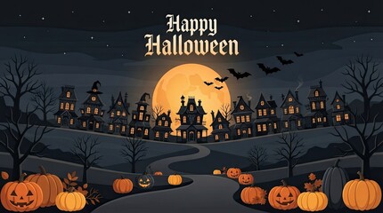 Fototapeta premium Spooky halloween night scene with a full moon and silhouetted haunted house