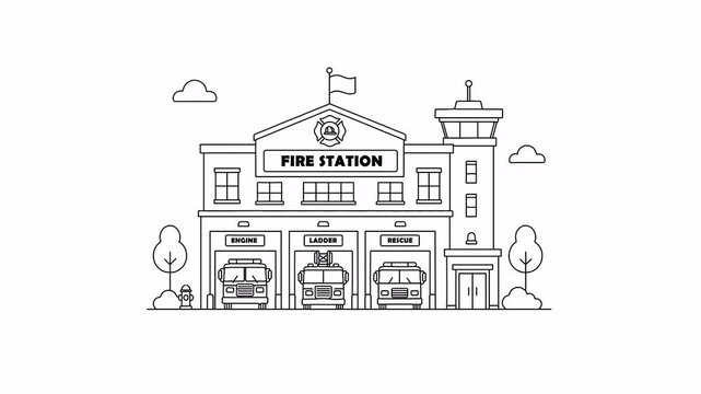 Fire station building line animation with fire trucks and rescue tower