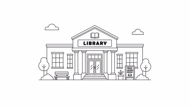 Animated library building line art icon with pillars, read learn grow sign, and open book for education, literacy, and study concept. 4k animation.