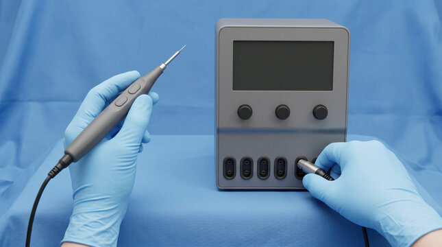 Сlose-up of medical professional connecting electrosurgical handpiece to a surgical unit console